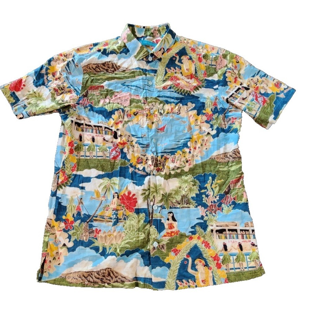 Tori Richard Mens Medium Cotton Lawn Hawaiian Map Hula Dancer Aloha Shirt‎ Blue